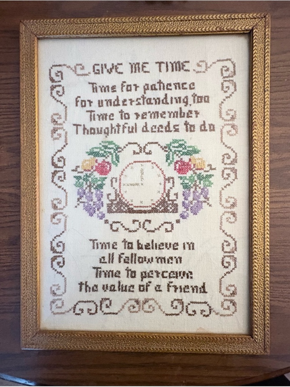 Framed Floral Cross-Stitch Wall Art in Gold - Vintage 1974